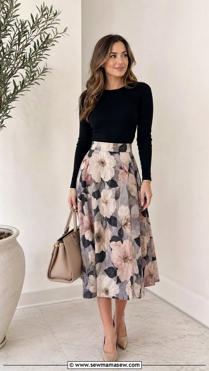 Printed Midi Skirt with Fitted Knit Top - 35 Office outfit ideas for women