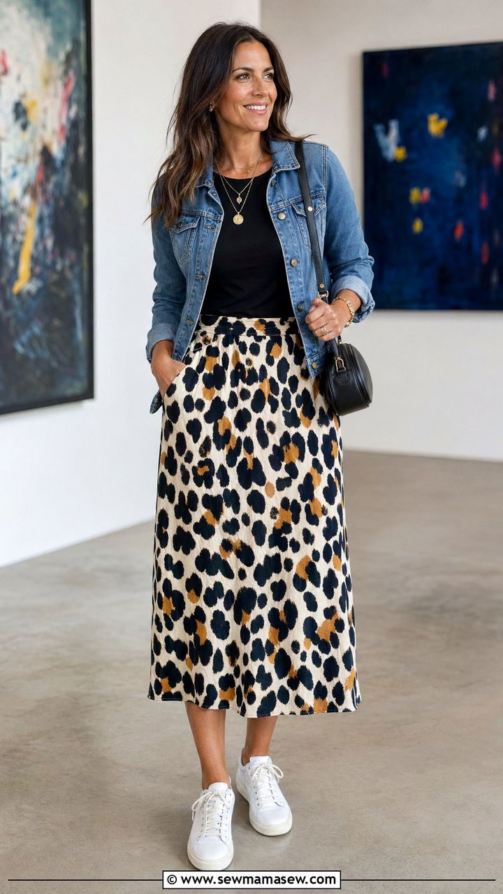 Printed Midi Skirt with Fitted Tee and Denim Jacket - 35 outfit ideas for women over 30