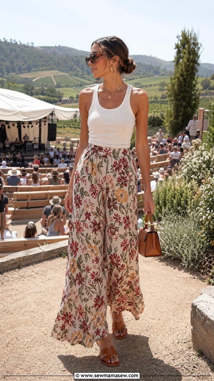 Printed Palazzo Pants With Fitted Tank And Flat Mules - 35 casual music festival outfits
