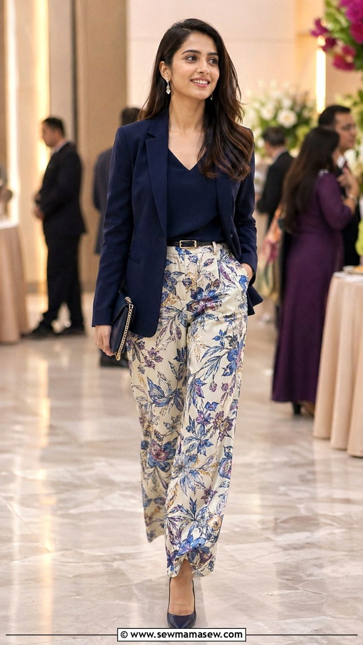 Printed Palazzo Pants With Solid Blazer - 30 spring office party outfit ideas