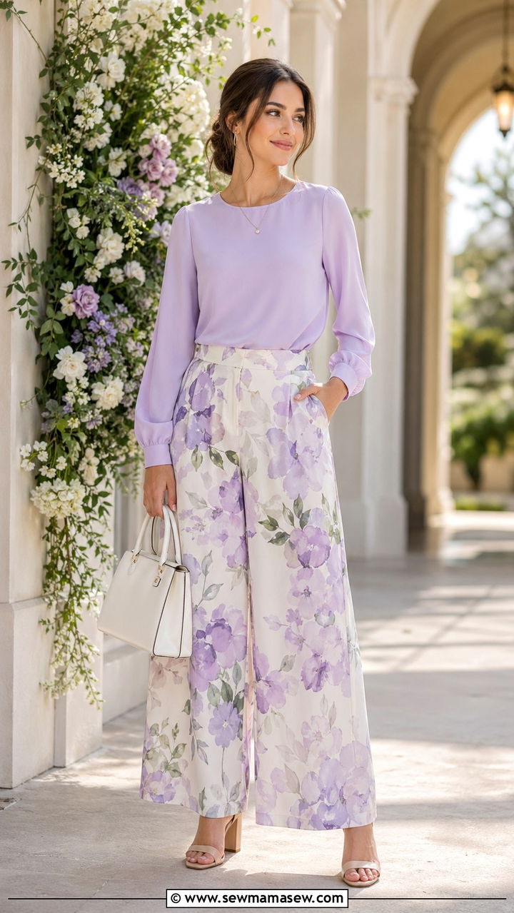 Printed Palazzo Pants With Solid Blouse - 30 Spring capsule wardrobe modest