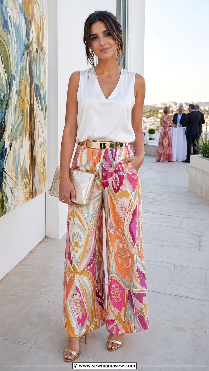 Printed Palazzo Pants with Solid Blouse - 35 casual summer wedding guest outfits