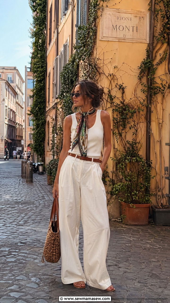 Printed Scarf And Wide Leg Pants Italy Spring Outfit - 35 Spring Italy outfit ideas