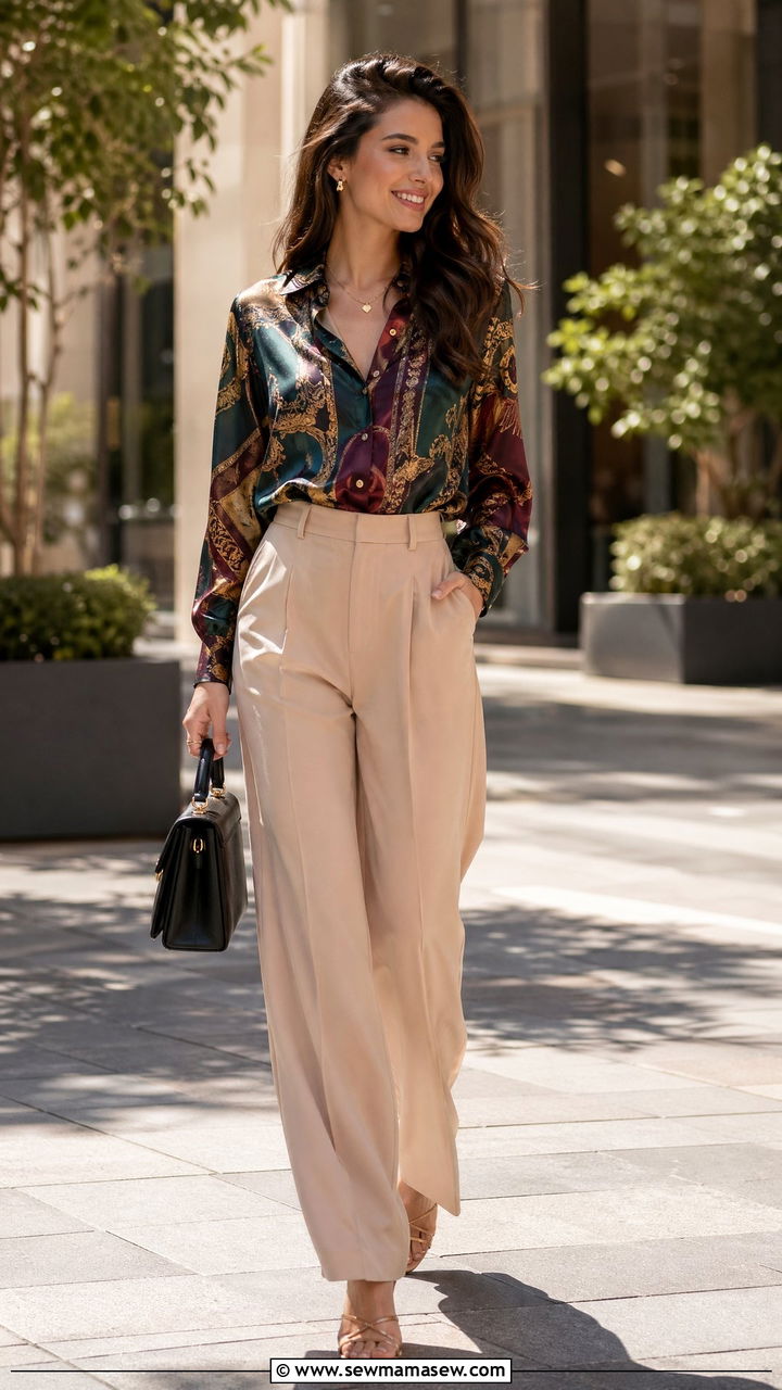 Printed Silk Blouse with Beige Wide Leg Trousers and Nude Sandals - 35 cute office outfits