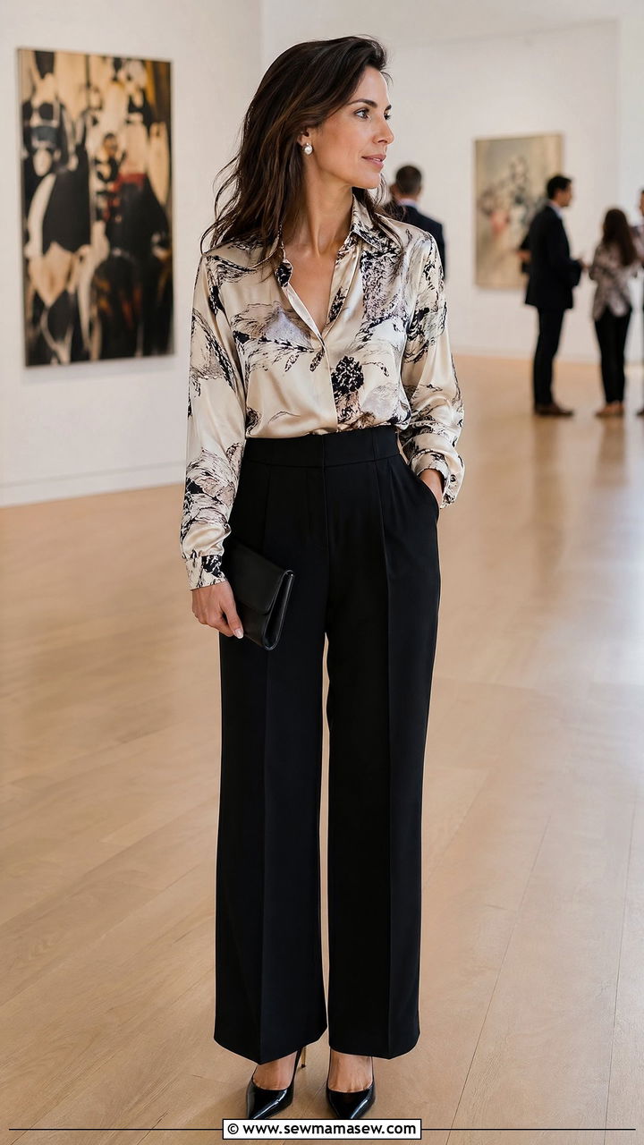 Printed Silk Blouse with Wide Leg Trousers - 35 Corporate event outfit ideas