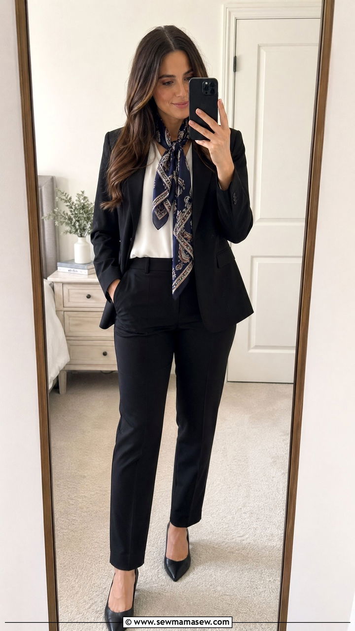 Printed Silk Scarf With Simple Blazer And Trousers - 35 Court reporter outfit ideas