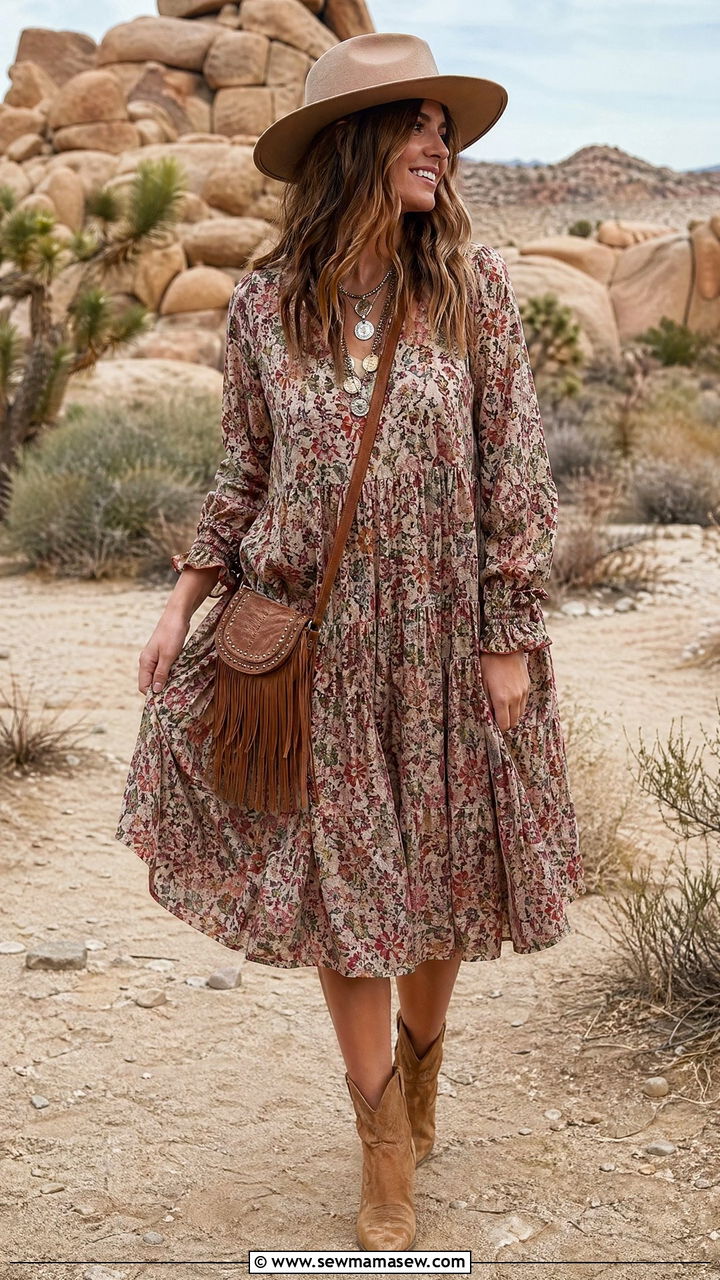 Printed Swing Dress With Western Boots And A Crossbody Bag - 35 Spring weekend getaway outfits