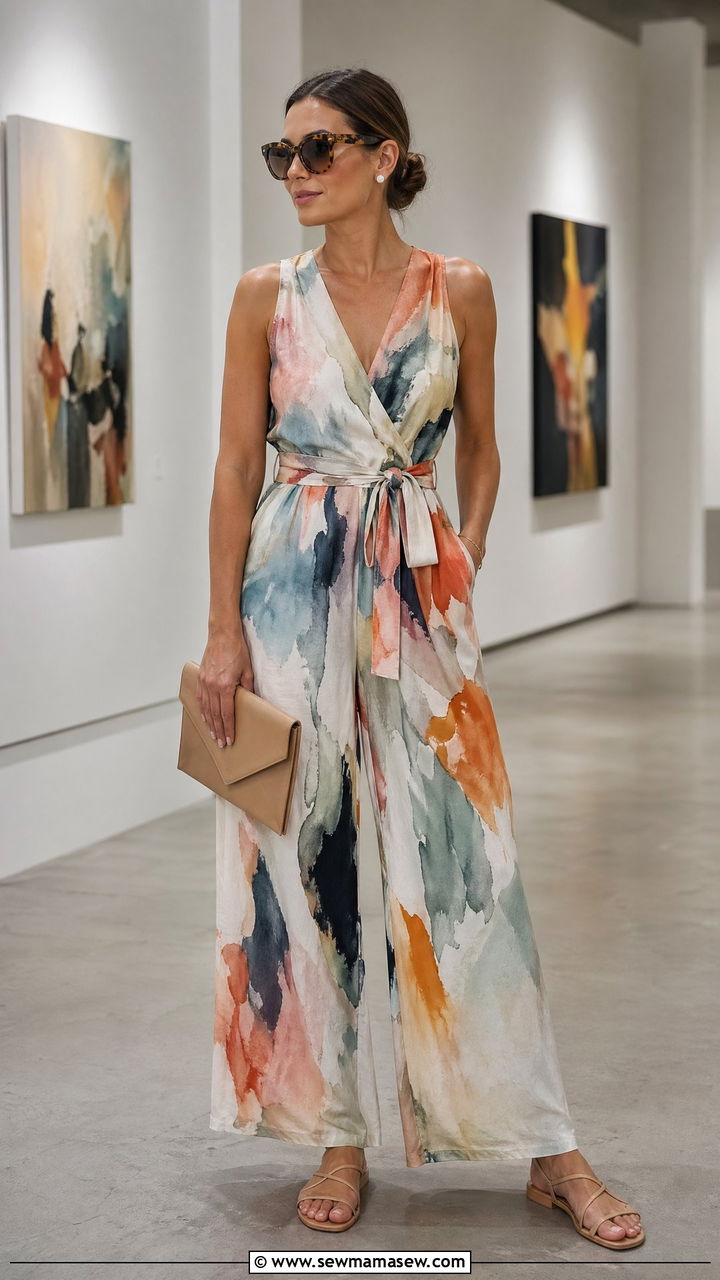 Printed Wide Leg Jumpsuit with Neutral Accessories - 35 Wide leg jumpsuit outfit ideas