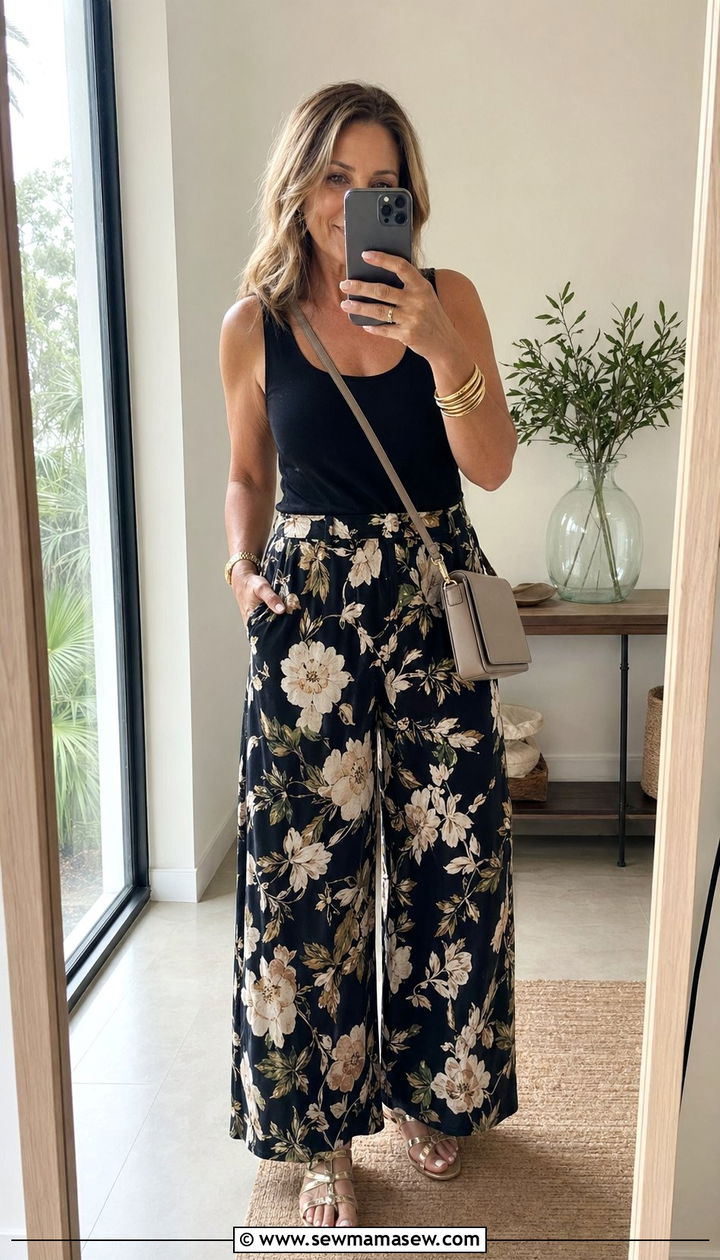 Printed Wide Leg Pants With Solid Tee and Strappy Sandals - 30 wide leg pants outfits for women over 40