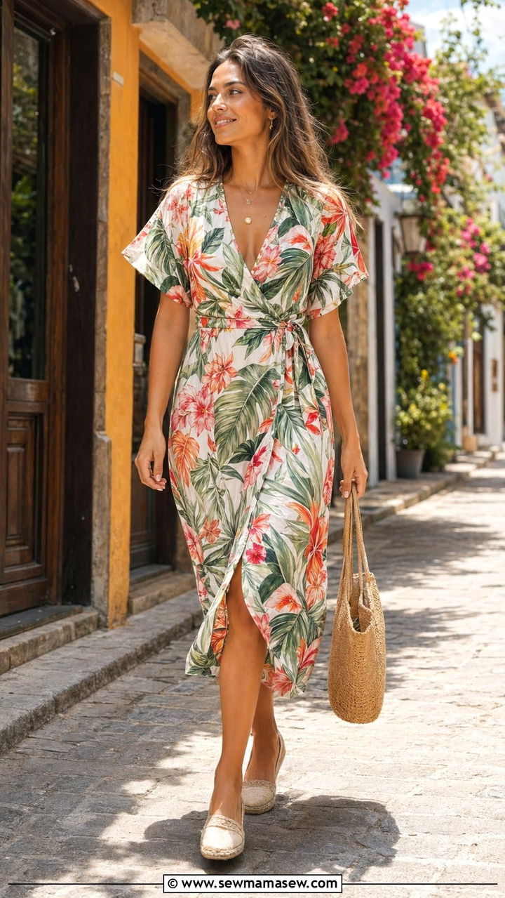 Printed Wrap Dress with Espadrilles - 35 Outfit ideas for pear shape