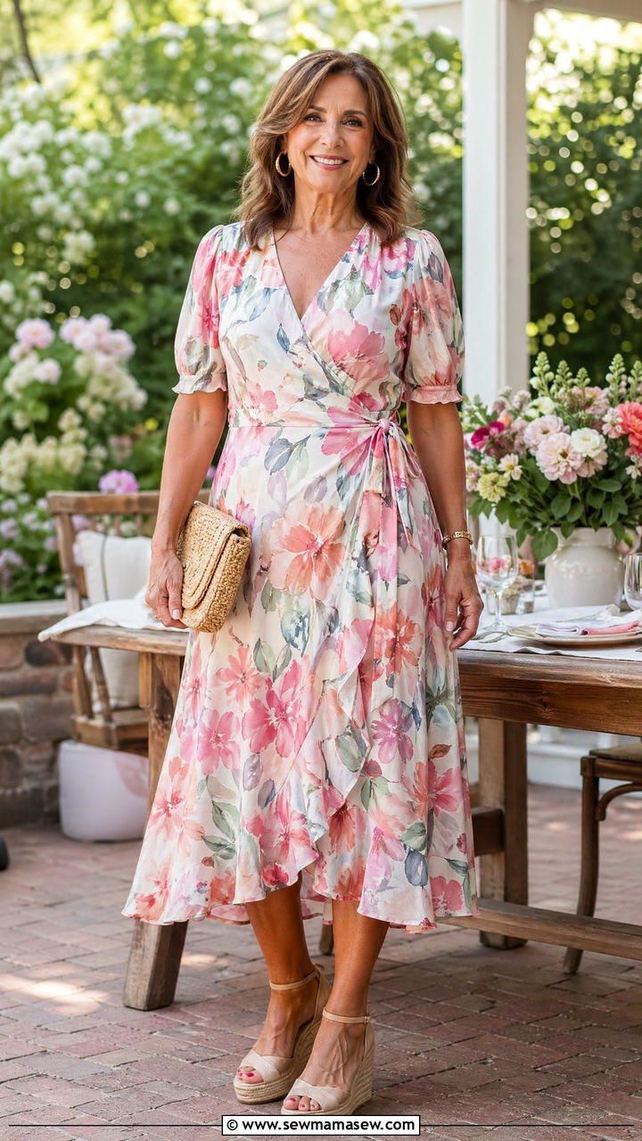 Printed Wrap Dress with Wedge Sandals - 35 Timeless outfit ideas for older women