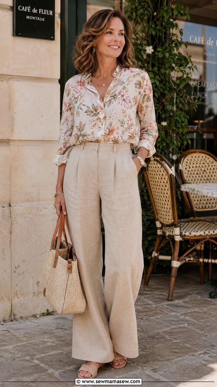 Printed blouse and beige linen trousers - 35 Casual outfits for women over 40