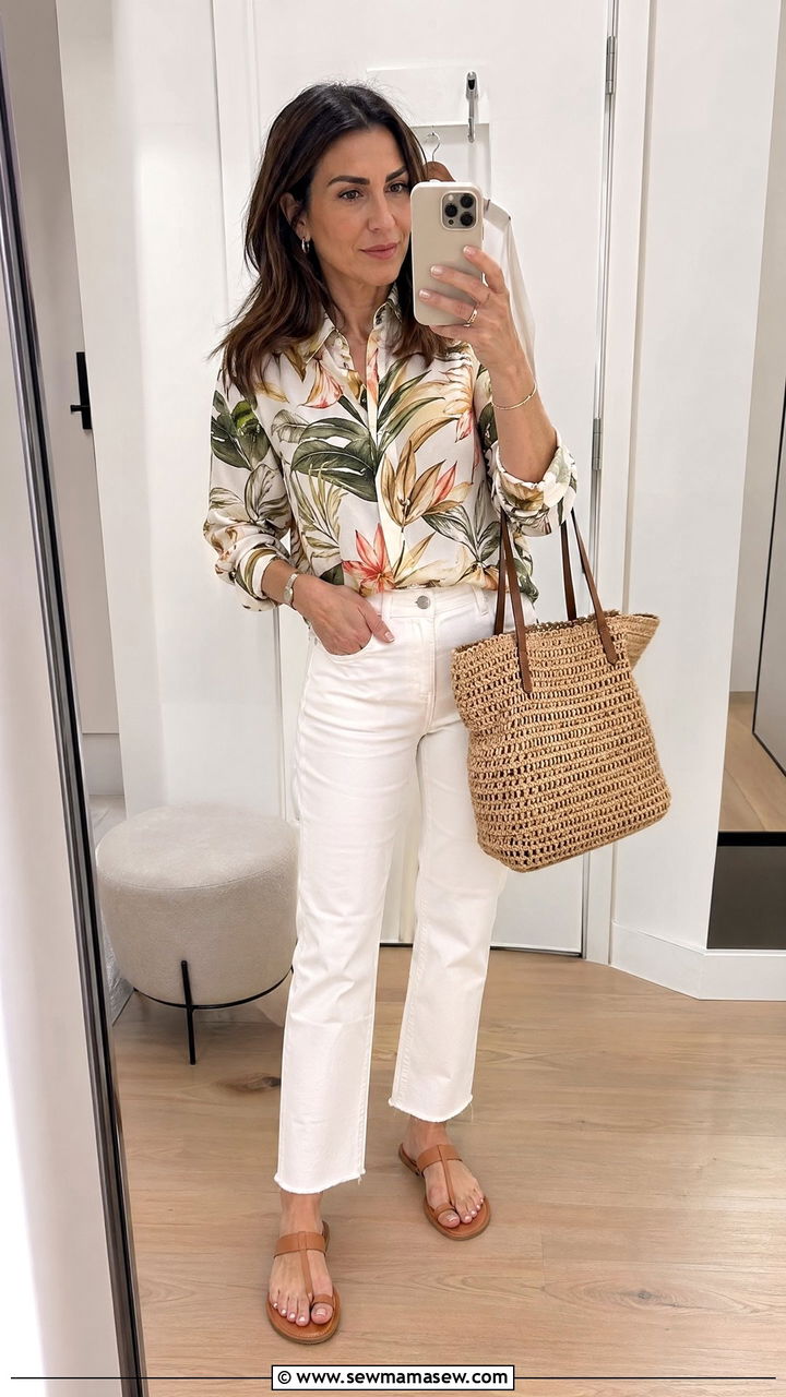 Printed blouse and white jeans outfit - 35 What to wear in spring for women over 40