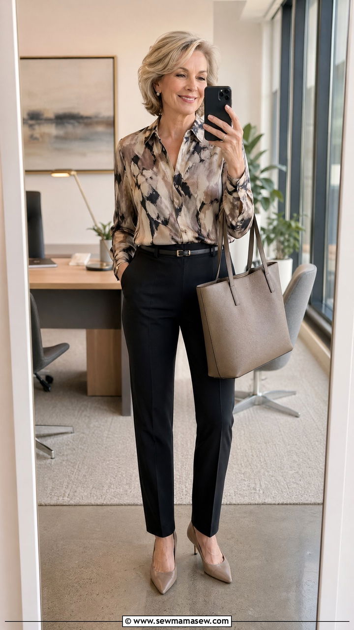 Printed blouse with solid tailored pants - 35 Work outfits for women over 50