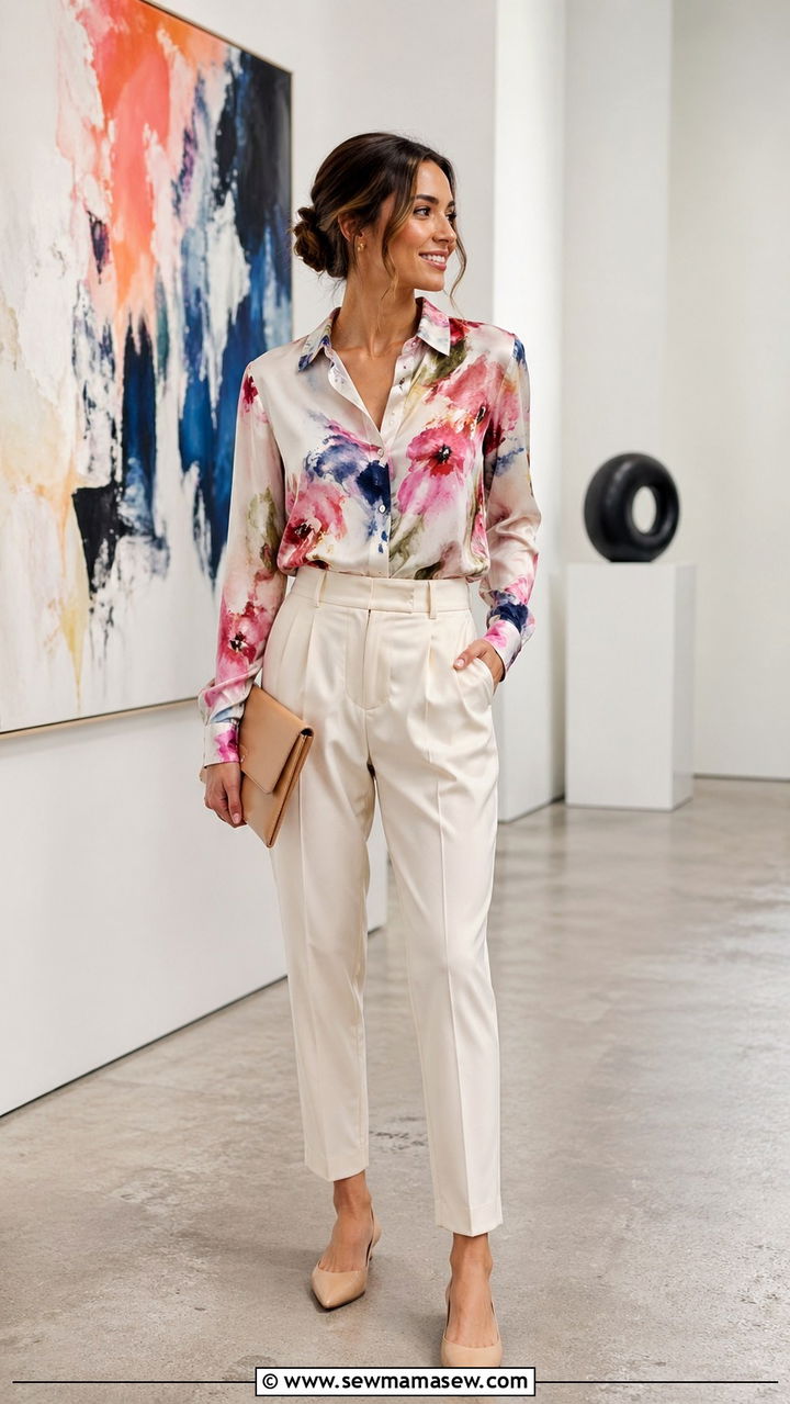 Printed button down shirt with neutral trousers - 30 spring button down shirt outfit ideas