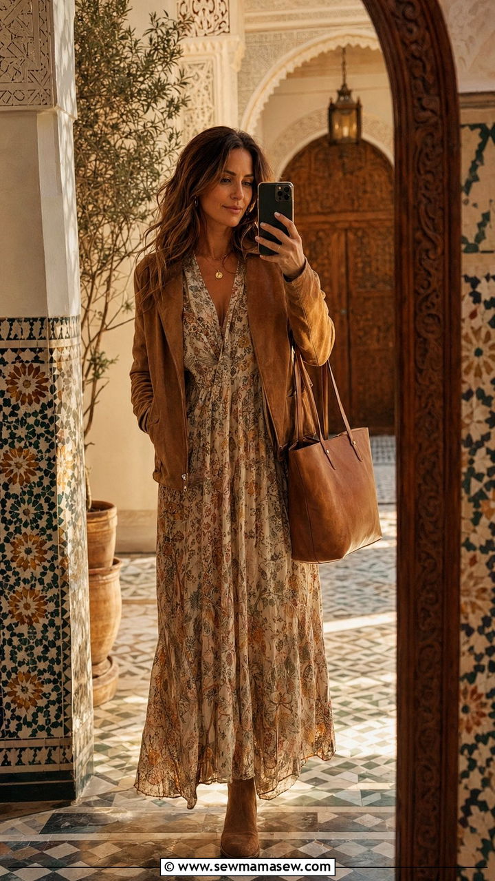 Printed maxi dress with a suede jacket - 35 Morocco vacation outfit ideas