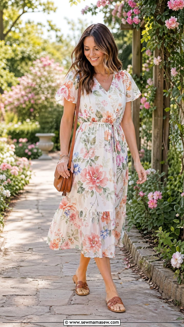 Printed midi dress and flat sandals spring look - 35 Spring capsule wardrobe for moms