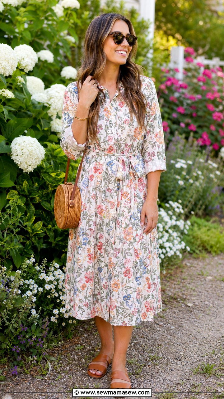 Printed midi shirtdress with tan leather sandals - 30 Age appropriate outfit ideas
