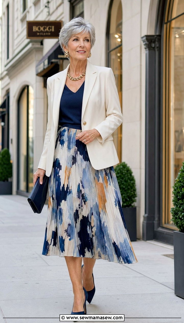 Printed midi skirt with a solid blazer - 30 Best skirts for women over 60