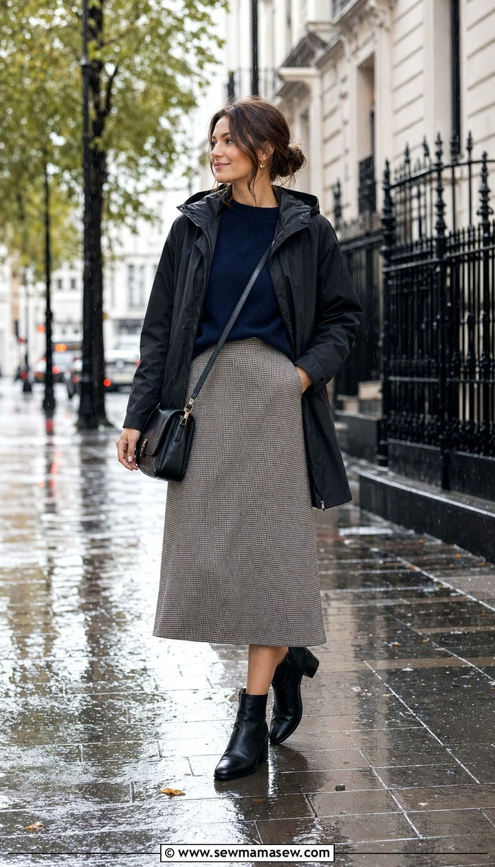 Printed midi skirt with rain shell and ankle boots - 35 rainy day outfits for women