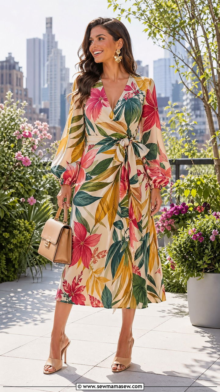 Printed midi wrap dress with heeled mules and a top handle bag - 35 Spring outfit ideas 2026