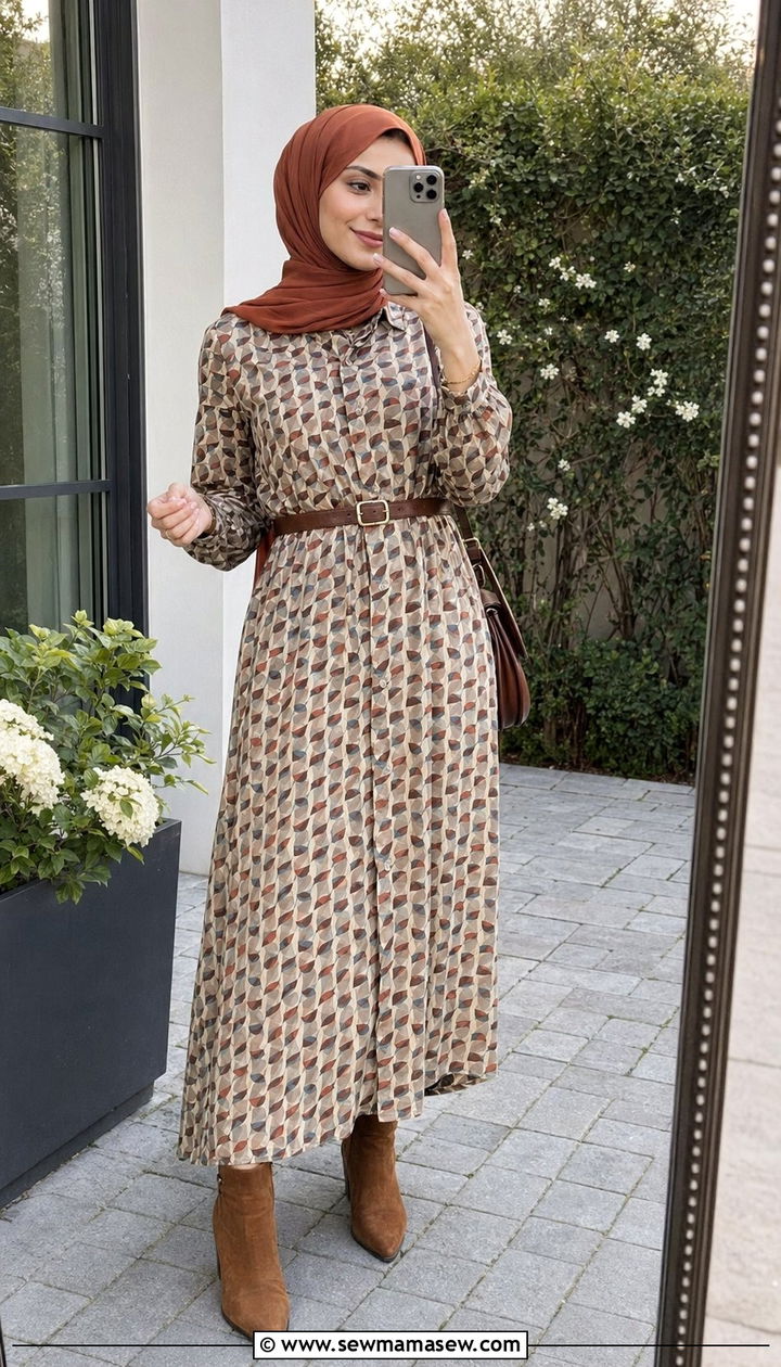 Printed shirt dress with ankle boots - 35 Modest outfit ideas for hijabis