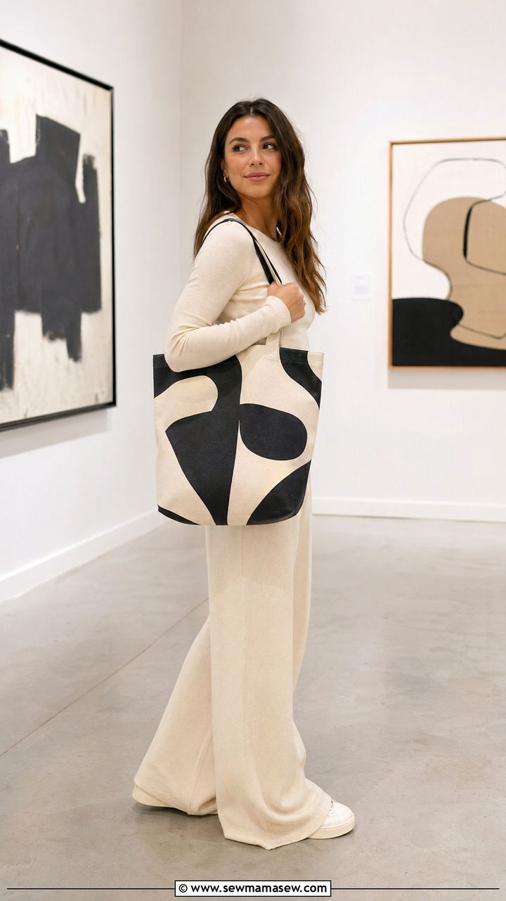 Printed tote with a monochrome outfit - 35 Tote bag outfit ideas