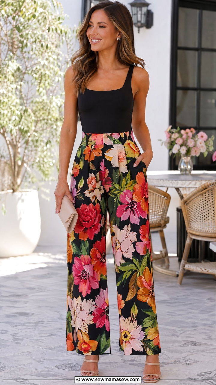 Printed wide leg pants with solid top - 35 wide leg pants outfits