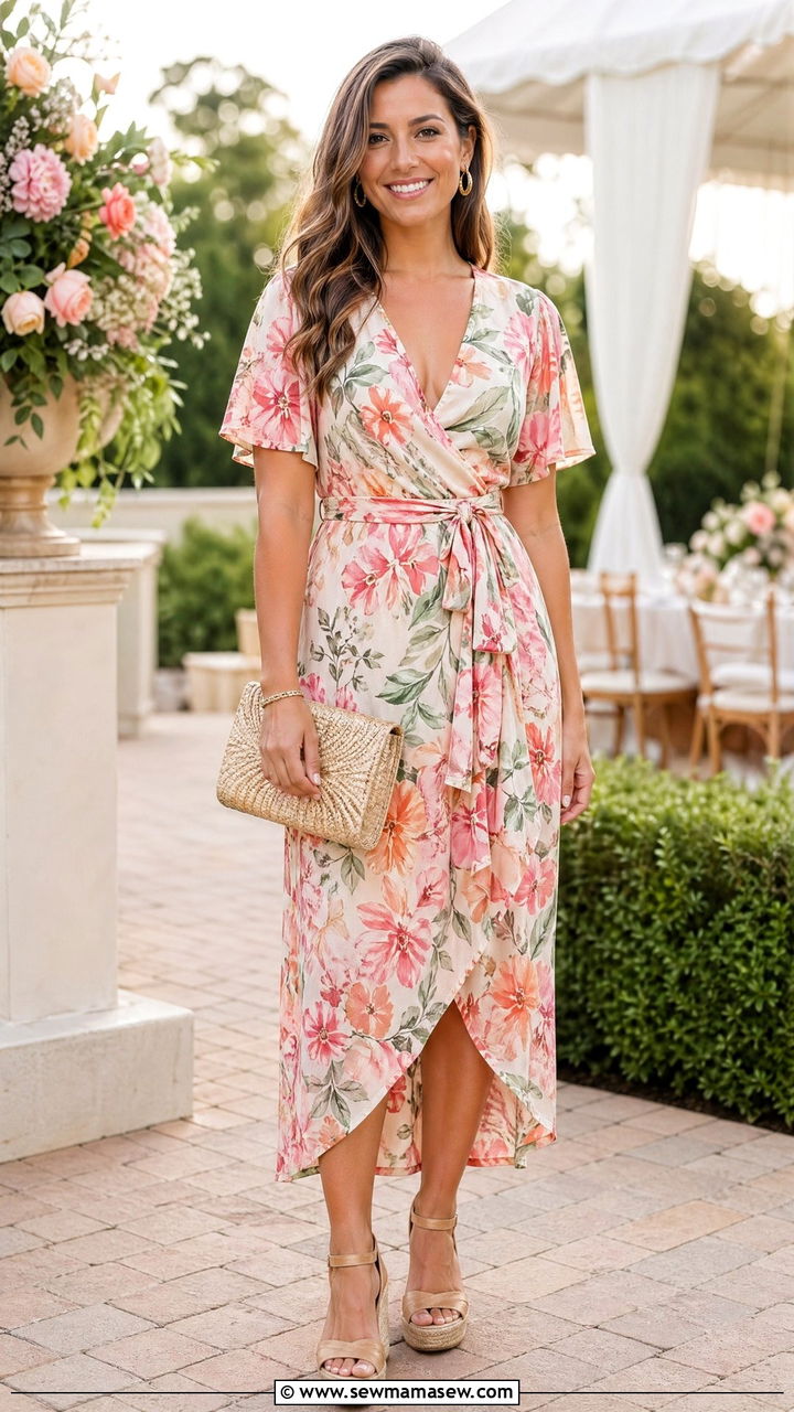 Printed wrap dress with wedge espadrilles and a woven clutch - 35 spring to summer outfits for women