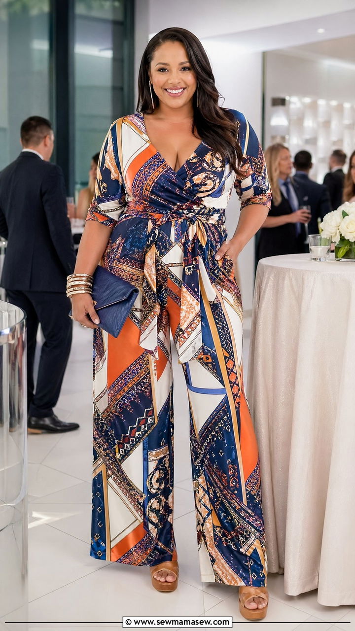 Printed wrap front jumpsuit with platform heels - 35 Wedding guest outfits for curvy women