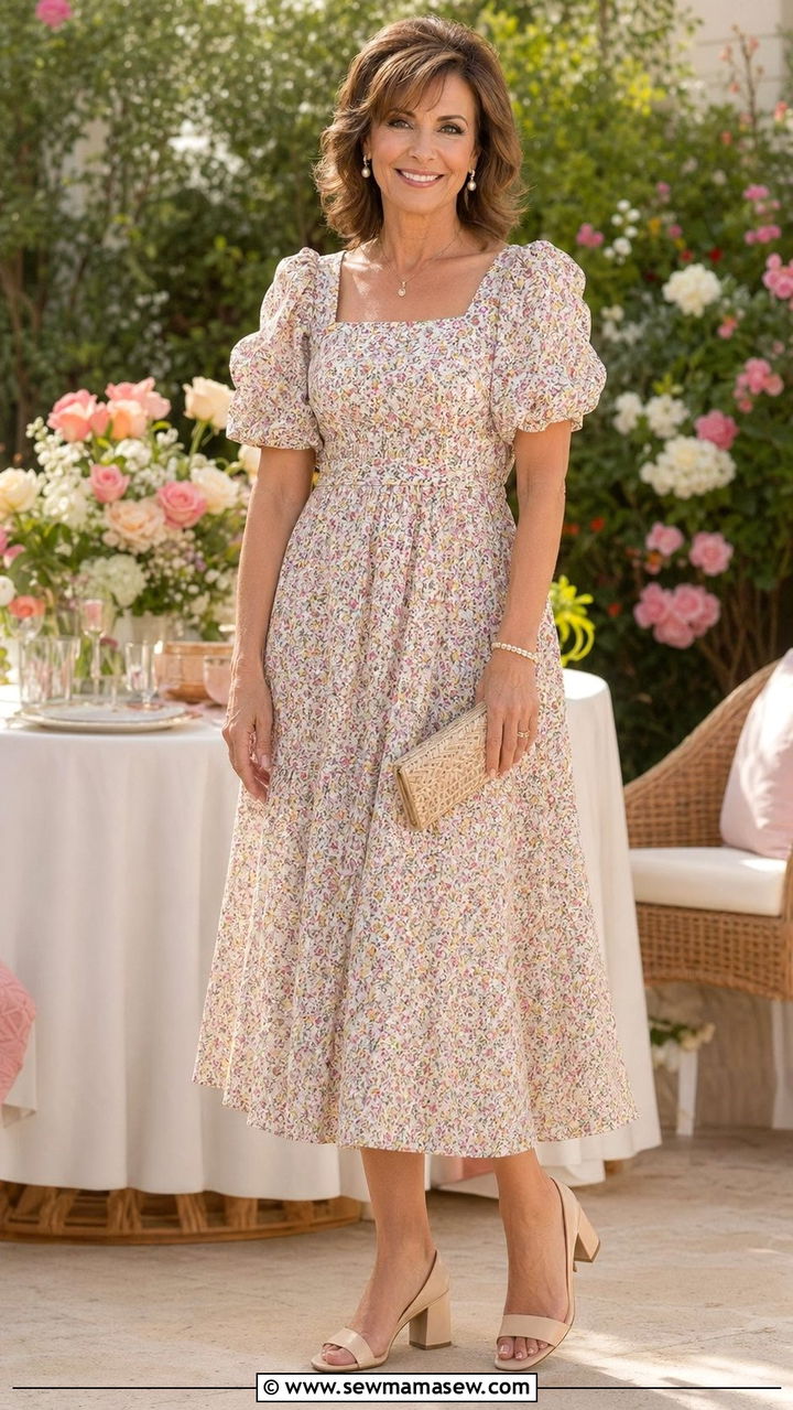 Puff Sleeve A Line Dress With Low Heels - 30 Best dresses for women over 50