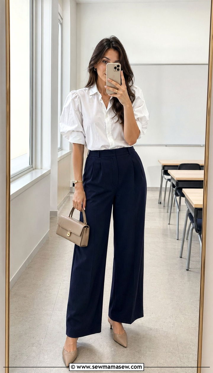Puff Sleeve Blouse And Wide Leg Pants Outfit - 35 school outfits for women