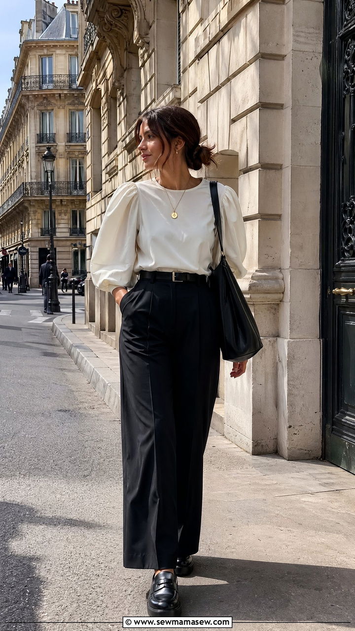 Puff Sleeve Blouse With Black Wide Leg Trousers And Chunky Loafers - 35 spring parisian outfit ideas