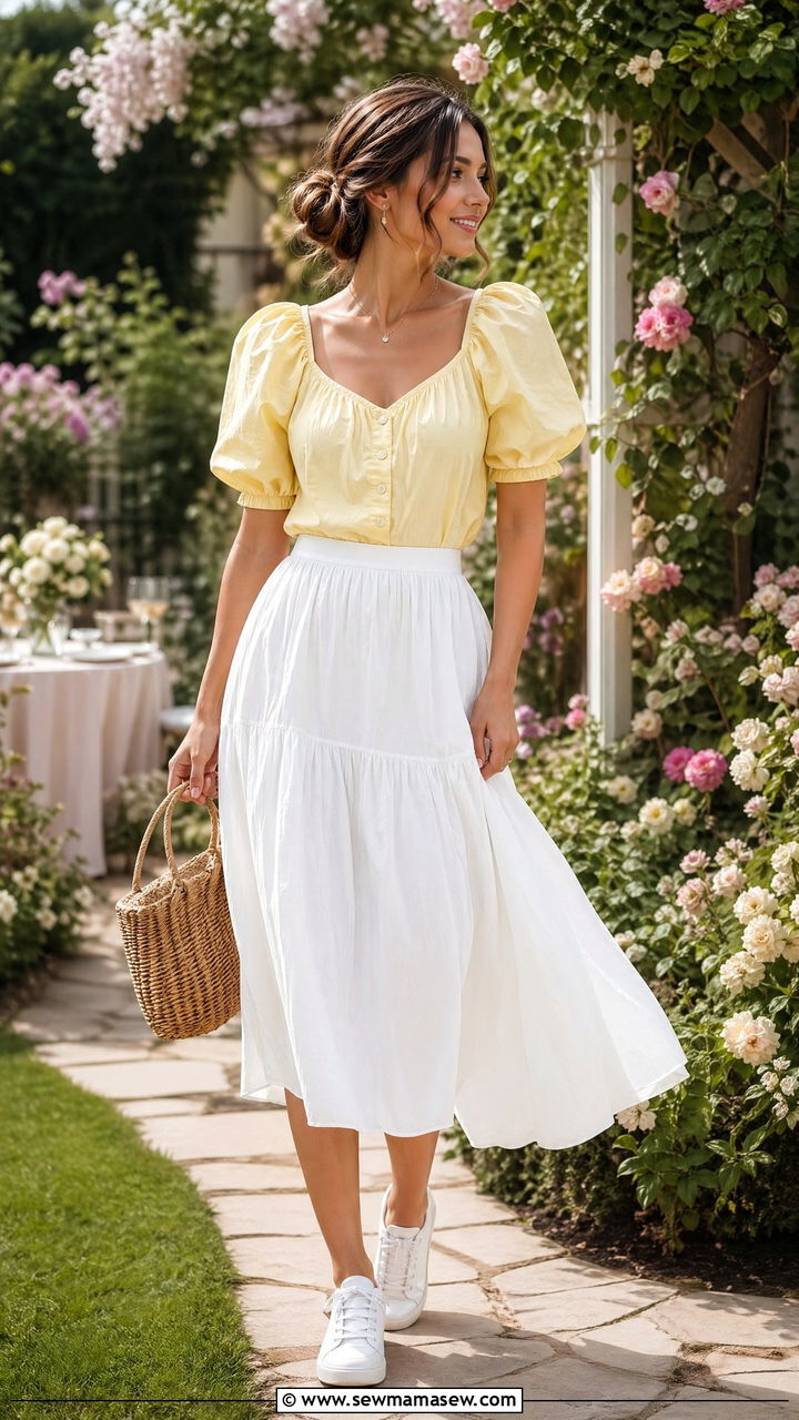 Puff Sleeve Blouse With Breezy White Midi Skirt - 35 cute outfits ideas