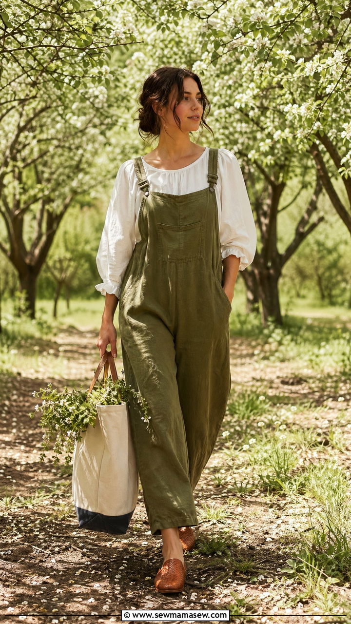Puff Sleeve Blouse With Linen Overalls - 35 cottagecore outfits for women