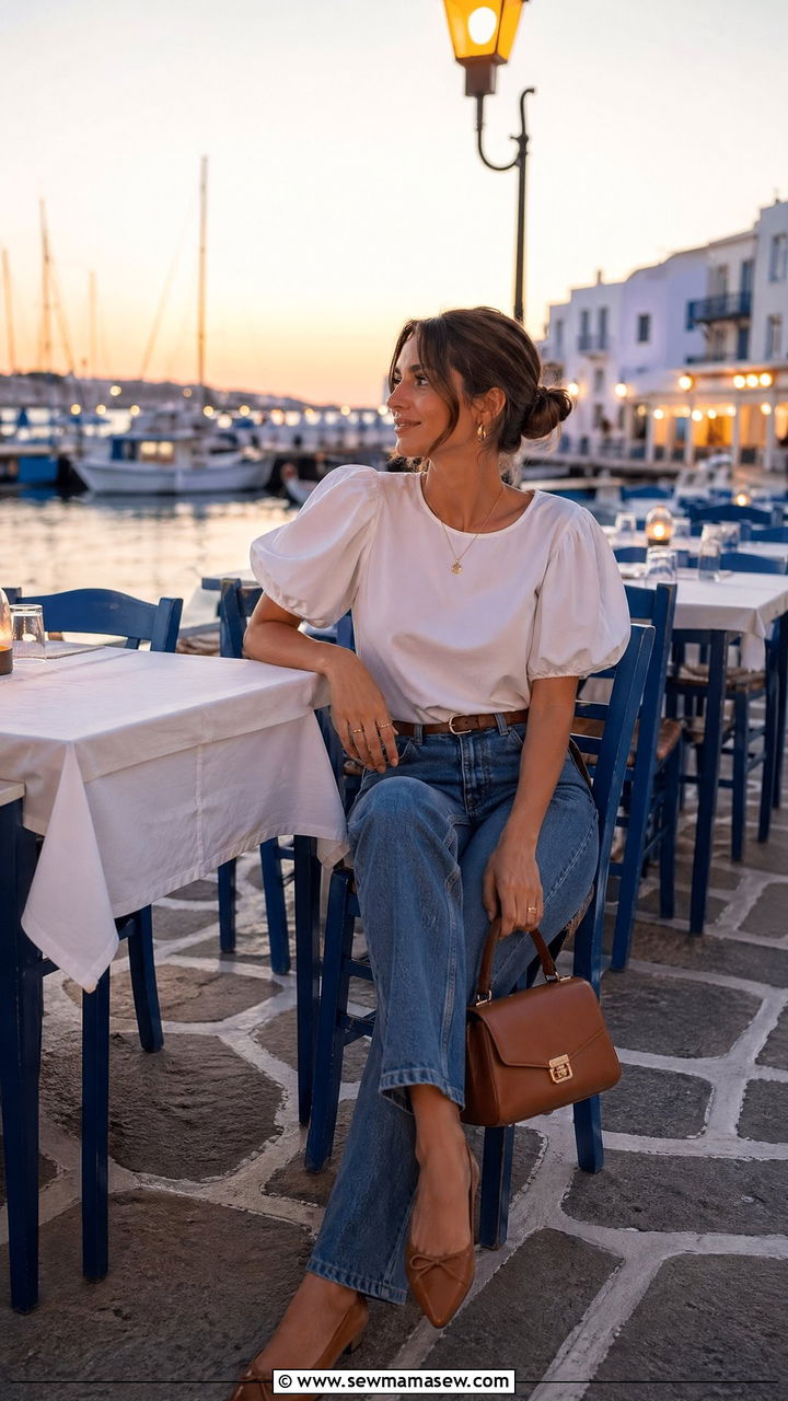 Puff Sleeve Blouse With Straight Leg Jeans - 35 Spring Greece outfit ideas