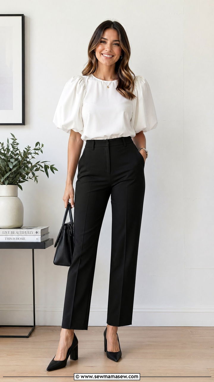Puff Sleeve Blouse With Straight Leg Trousers and Block Heels - 40 trendy outfits for women