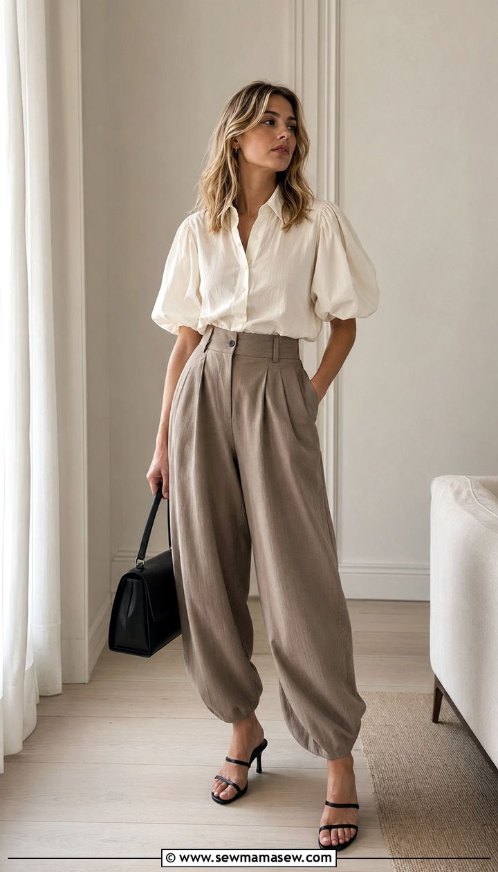 Puff Sleeve Blouse and Balloon Trousers Outfit - 35 scandinavian outfits for women