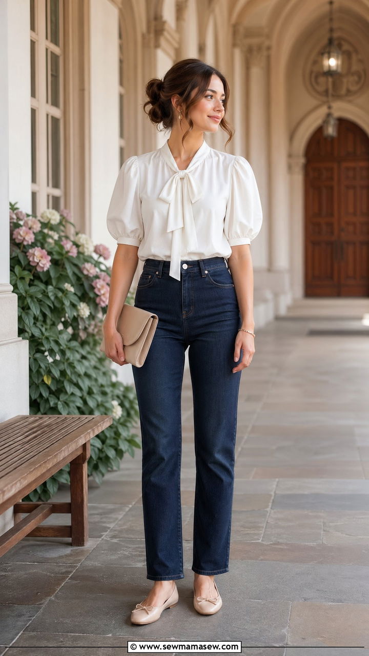 Puff Sleeve Blouse and Dark Wash Jeans Outfit - 35 cute back to school outfits
