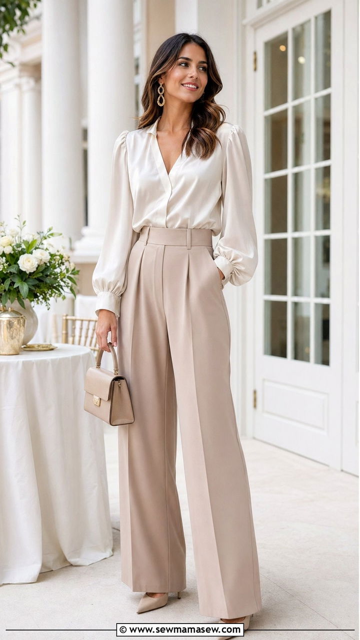 Puff Sleeve Blouse with High Waisted Wide Leg Trousers - 35 Outfit ideas for tall women