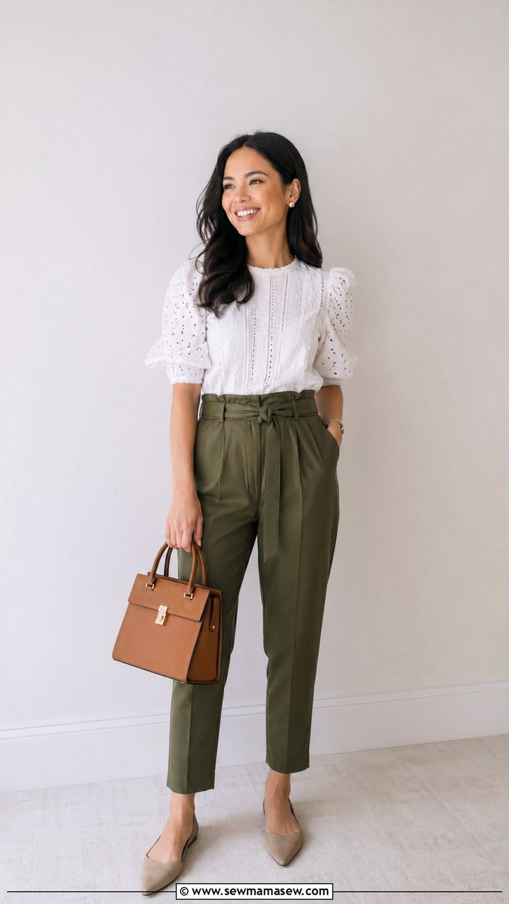 Puff Sleeve Blouse with Paperbag Trousers - 35 cute outfit ideas for women