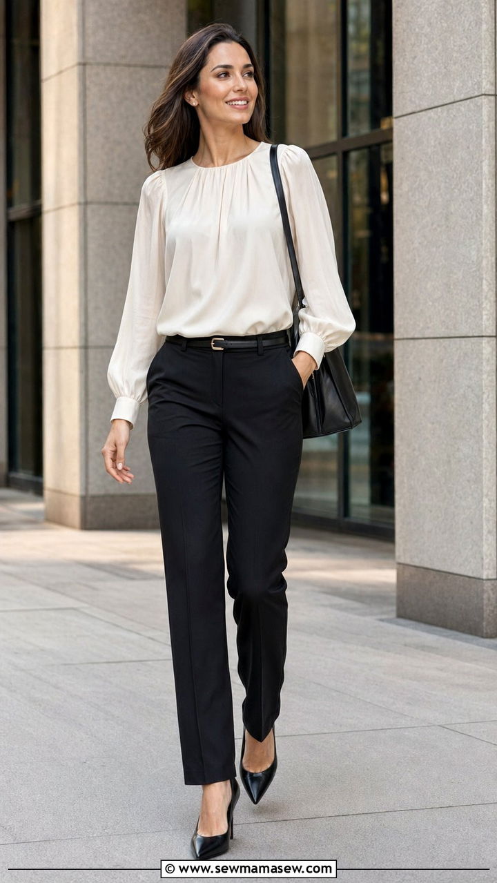 Puff Sleeve Blouse with Tailored Dark Trousers - 35 Outfit ideas for pear shape