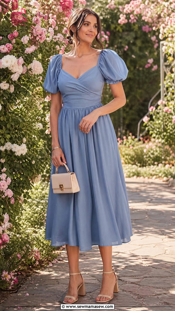 Puff Sleeve Dress Outfit With Block Heels And Mini Bag - 35 classy dress outfits