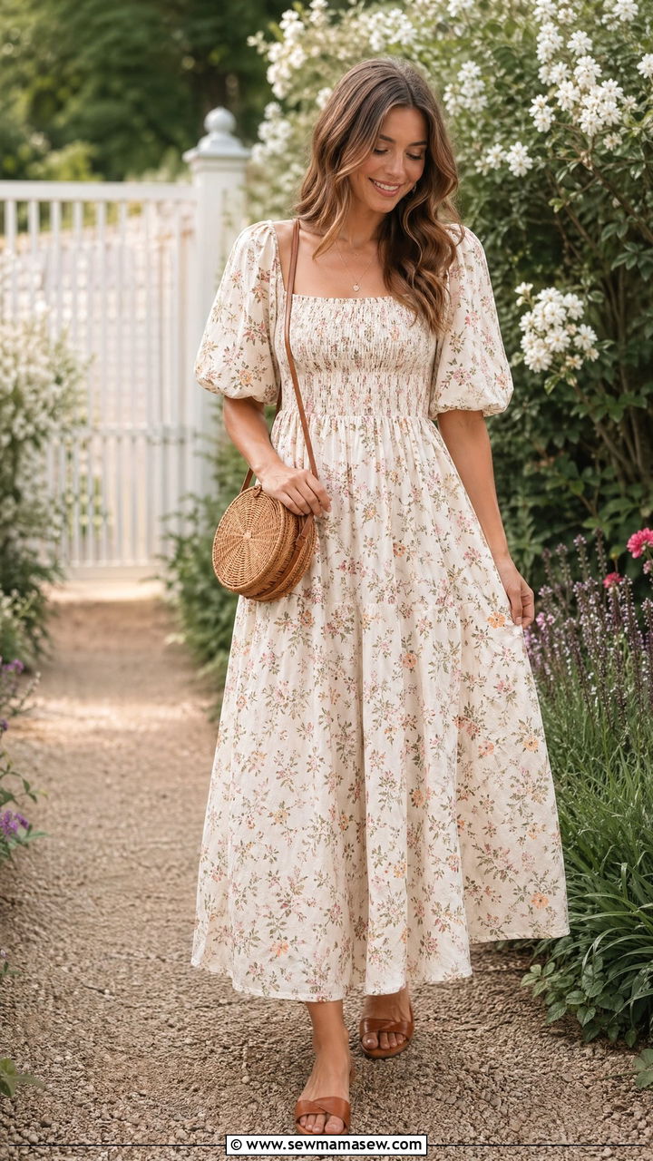Puff Sleeve Floral Maxi Dress with Woven Bag - 35 cute outfits for women
