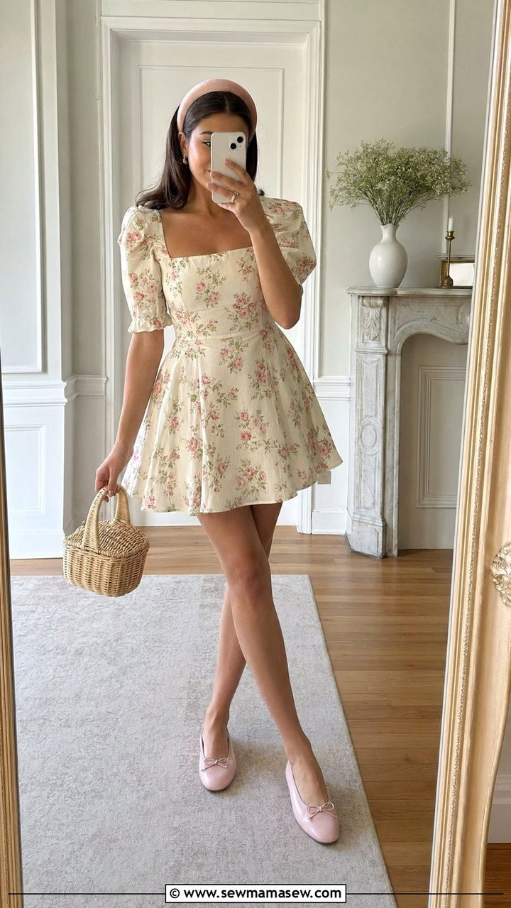 Puff Sleeve Floral Mini Dress With Ballet Flats - 35 Romantic summer outfits