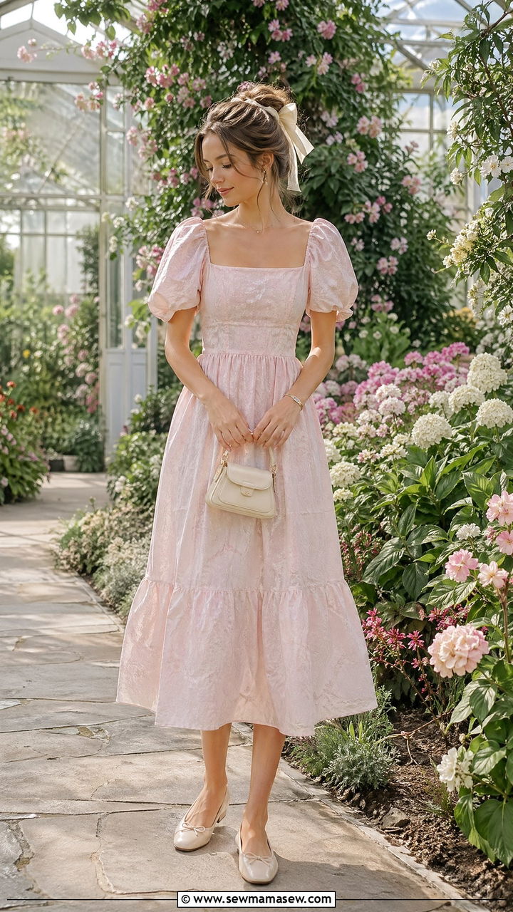 Puff Sleeve Midi Dress Summer Romantic Outfit - 35 summer romantic outfits