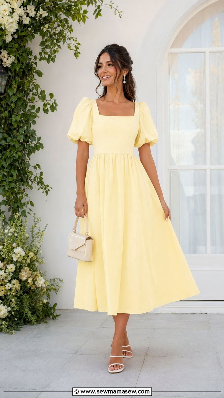 Puff Sleeve Midi Dress Wedding Guest Outfit - 30 Wedding guest outfits summer 2026