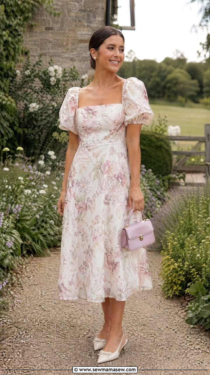 Puff Sleeve Midi Dress Wedding Guest - 35 Summer wedding guest outfits