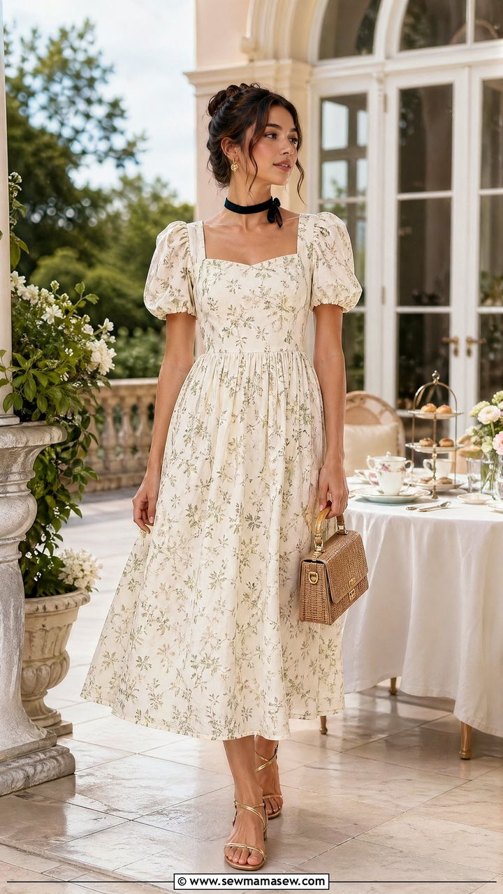 Puff Sleeve Midi Dress With Flat Sandals - 35 Summer outfits with midi dresses