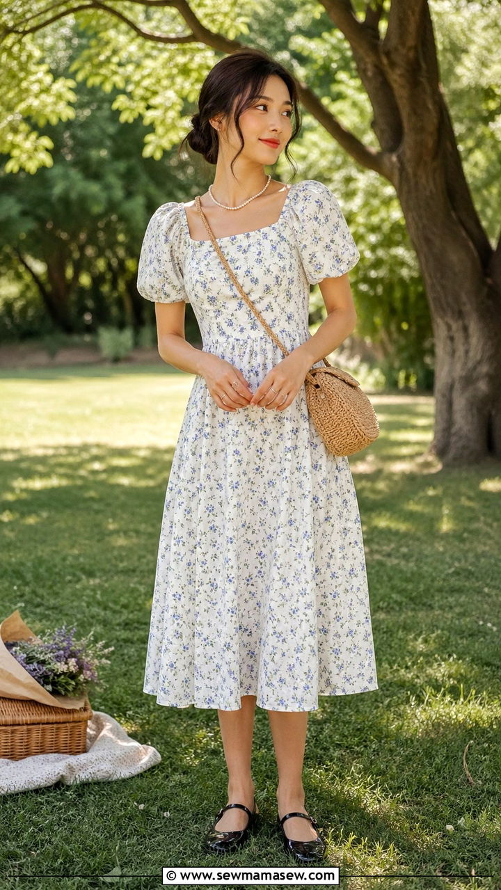 Puff Sleeve Midi Dress With Mary Jane Flats - 30 spring midi dress outfit ideas